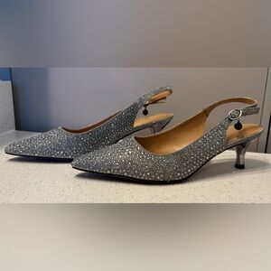 J. Renéé Silver Crystal Slingback Kitten Heels | Dressy Evening Shoes